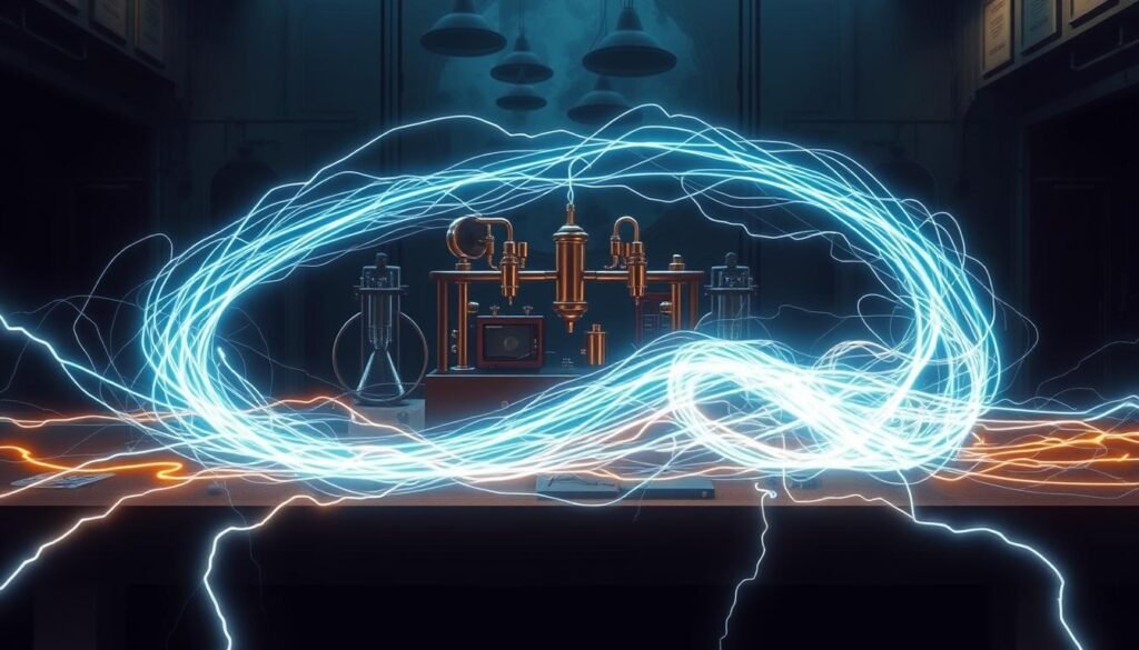 A detailed technical illustration of electric fields, showcasing their invisible, but powerful presence. In the foreground, a swirling, luminous pattern of electric flux lines, rendered with a vibrant, neon-like glow. The middle ground depicts a scientific apparatus, with electrodes and conducting materials, demonstrating the principles of electromagnetism. The background features a dark, atmospheric setting, with hints of architectural elements, creating a sense of depth and scale. The lighting is dramatic, casting dramatic shadows and highlights, emphasizing the dynamic nature of the electric fields. The overall mood is one of scientific intrigue and the profound mysteries of the natural world. A detailed technical illustration of electric fields, showcasing their invisible, but powerful presence. In the foreground, a swirling, luminous pattern of electric flux lines, rendered with a vibrant, neon-like glow. The middle ground depicts a scientific apparatus, with electrodes and conducting materials, demonstrating the principles of electromagnetism. The background features a dark, atmospheric setting, with hints of architectural elements, creating a sense of depth and scale. The lighting is dramatic, casting dramatic shadows and highlights, emphasizing the dynamic nature of the electric fields. The overall mood is one of scientific intrigue and the profound mysteries of the natural world.