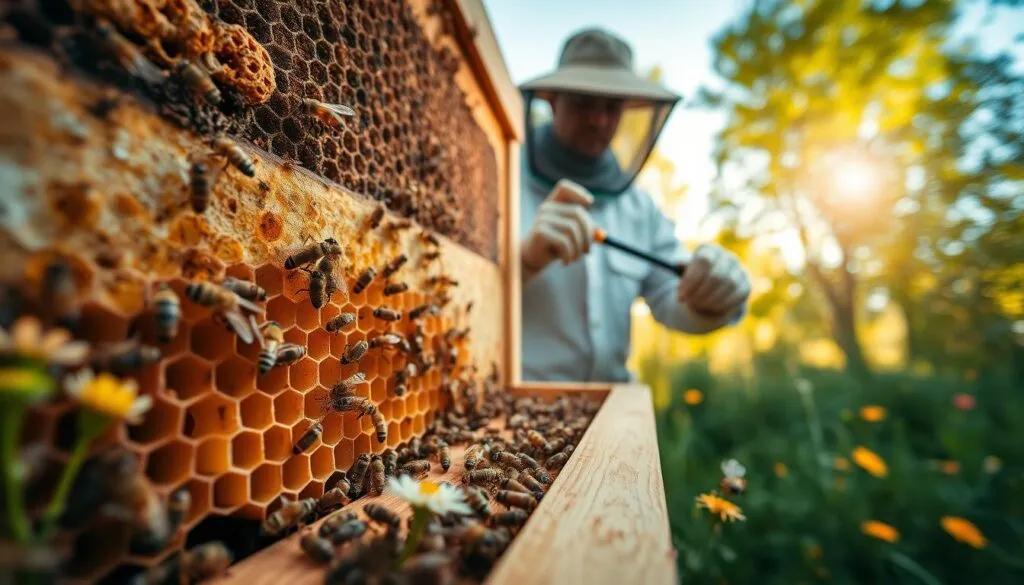 A detailed view of a beehive in a lush garden setting, showcasing the intricate structure of the hive with bees actively flying in and out. In the foreground, a close-up of the hive reveals the hexagonal wax cells filled with honey, surrounded by vibrant wildflowers. The middle ground features a beekeeper in professional attire, gently inspecting the hive with a hive tool, emphasizing the careful process of splitting hives. In the background, a soft-focus of green trees and blue sky creates a peaceful atmosphere, with warm, golden sunlight filtering through the leaves. The image should evoke a sense of harmony and productivity, capturing the essence of beekeeping. Use a shallow depth of field to enhance focus on the hive and beekeeper, creating a warm, inviting mood.