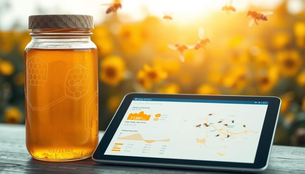 A detailed visualization of honey authenticity data, showcasing an organized digital display of various honey samples. In the foreground, highlight a clear glass jar of golden honey with a rich texture, alongside a digital tablet showing analytics and graphs related to honey quality and origin. The middle ground features a stylized map of Greece with highlighted regions known for beekeeping, emphasizing traceability in honey production. In the background, a blurred image of a sunny apiary with bees flying around vibrant flowers evokes a serene, professional atmosphere. Soft, natural lighting filters through to create a warm environment, conveying trust and authenticity. The overall mood is informative and professional, showcasing the importance of transparency in honey production.