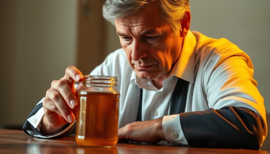 A dignified, middle-aged person in a crisp white shirt and dark suit jacket, seated at a wooden table, concentrating intently on a glass jar of honey. Warm, indirect lighting casts a soft glow, highlighting the rich, golden hue of the honey. The person's face exudes a sense of expertise and authority, as if deeply engaged in the evaluation and assessment of the honey's quality. The background is slightly blurred, creating a focus on the central figure and the honey sample. The overall mood conveys professionalism, precision, and the reverence of a certified honey judge examining their craft.