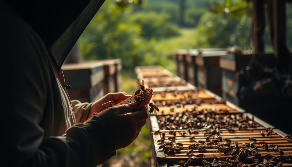 A dimly lit apiary, the air alive with the buzzing of honeybees. In the foreground, a beekeeper carefully inspects a frame, selecting the healthiest, most productive bees. The bees' wings glisten in the soft, natural lighting as they crawl over the comb, their movements deliberate and efficient. In the middle ground, rows of well-maintained hives stand ready, each one a testament to the beekeeper's skill and attention to detail. The background is blurred, but hints at the lush, verdant landscape that surrounds the apiary, creating a sense of harmony between the bees and their natural environment. The overall mood is one of quiet contemplation and the reverence for the delicate balance of nature. A dimly lit apiary, the air alive with the buzzing of honeybees. In the foreground, a beekeeper carefully inspects a frame, selecting the healthiest, most productive bees. The bees' wings glisten in the soft, natural lighting as they crawl over the comb, their movements deliberate and efficient. In the middle ground, rows of well-maintained hives stand ready, each one a testament to the beekeeper's skill and attention to detail. The background is blurred, but hints at the lush, verdant landscape that surrounds the apiary, creating a sense of harmony between the bees and their natural environment. The overall mood is one of quiet contemplation and the reverence for the delicate balance of nature.