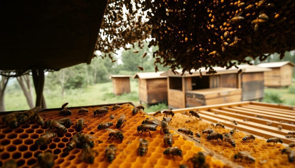 A dimly lit apiary, the hum of thousands of industrious honeybees echoing through the air. In the foreground, a close-up view of the intricate honeycomb structure, each hexagonal cell a testament to the bees' architectural prowess. Midground reveals the interior of the hive, with worker bees busily tending to their tasks - some carrying nectar, others maintaining the delicate balance of temperature and humidity. The background depicts the larger apiary setting, with wooden hive boxes nestled amidst lush greenery and a softly overcast sky, conveying a sense of tranquility and harmony within this self-sustaining ecosystem. Crisp, high-resolution details capture the textures and patterns of the hive, creating a visually captivating representation of zero-waste beekeeping in action. A dimly lit apiary, the hum of thousands of industrious honeybees echoing through the air. In the foreground, a close-up view of the intricate honeycomb structure, each hexagonal cell a testament to the bees' architectural prowess. Midground reveals the interior of the hive, with worker bees busily tending to their tasks - some carrying nectar, others maintaining the delicate balance of temperature and humidity. The background depicts the larger apiary setting, with wooden hive boxes nestled amidst lush greenery and a softly overcast sky, conveying a sense of tranquility and harmony within this self-sustaining ecosystem. Crisp, high-resolution details capture the textures and patterns of the hive, creating a visually captivating representation of zero-waste beekeeping in action.