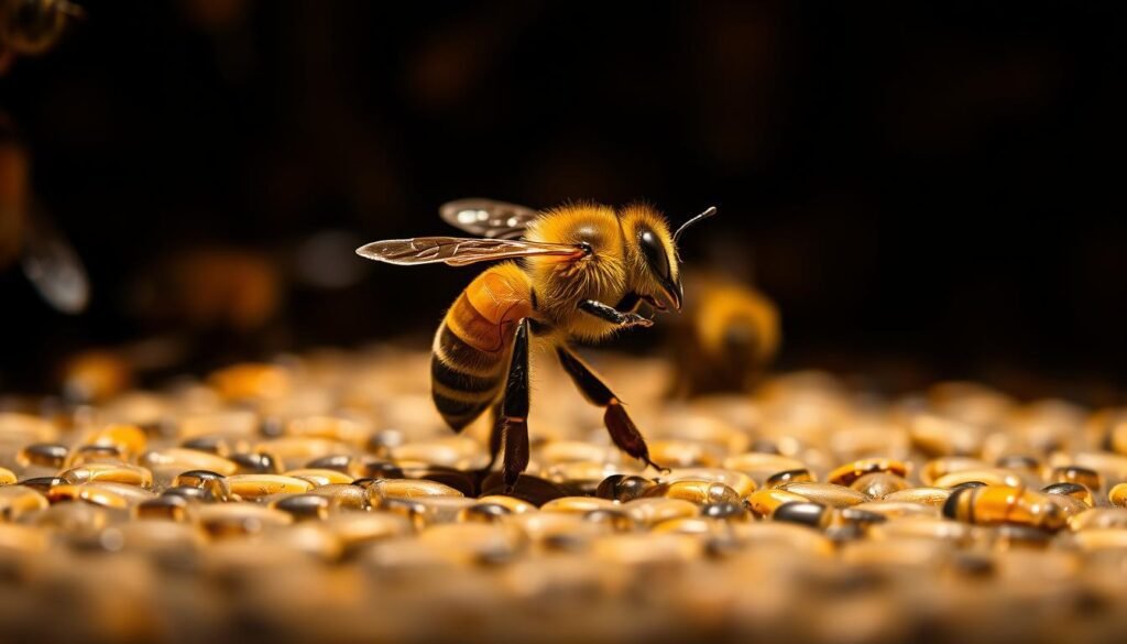 A dimly lit beehive, the buzzing hum of activity. In the center, a worker bee performs a captivating waggle dance, its body swaying rhythmically as it communicates the location of a bountiful nectar source. The dance is captured in a series of sharp, high-contrast images, illuminated by soft, warm lighting that casts gentle shadows across the scene. The bee's movements are frozen in time, its wings outstretched, legs firmly planted, creating a mesmerizing visual representation of this intricate form of bee communication. The background is blurred, keeping the focus solely on the mesmerizing dance, a window into the fascinating world of bee foraging patterns.