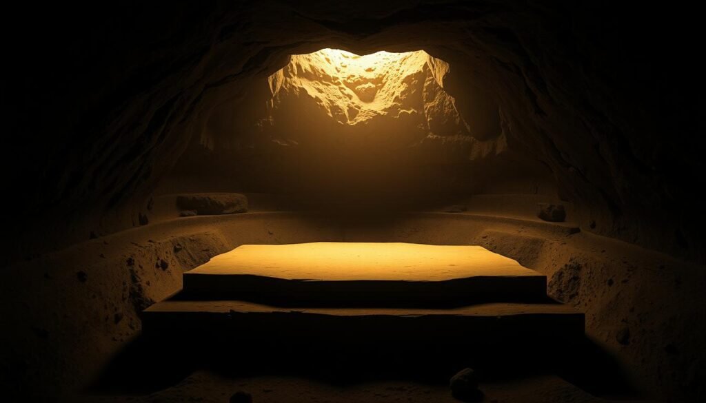 A dimly lit, cavernous chamber with a central raised platform. The platform is illuminated by a soft, warm light from above, casting gentle shadows that highlight its volumetric depth. The walls of the chamber recede into the darkness, their curvatures and textures hinting at the scale and geometry of the space. A sense of exploration and discovery permeates the scene, as if the viewer is a bee carefully surveying the dimensions of a potential nest site. The atmosphere is one of quiet contemplation, inviting the observer to imagine the intricate process by which a bee might gauge the volume and suitability of this cavity.