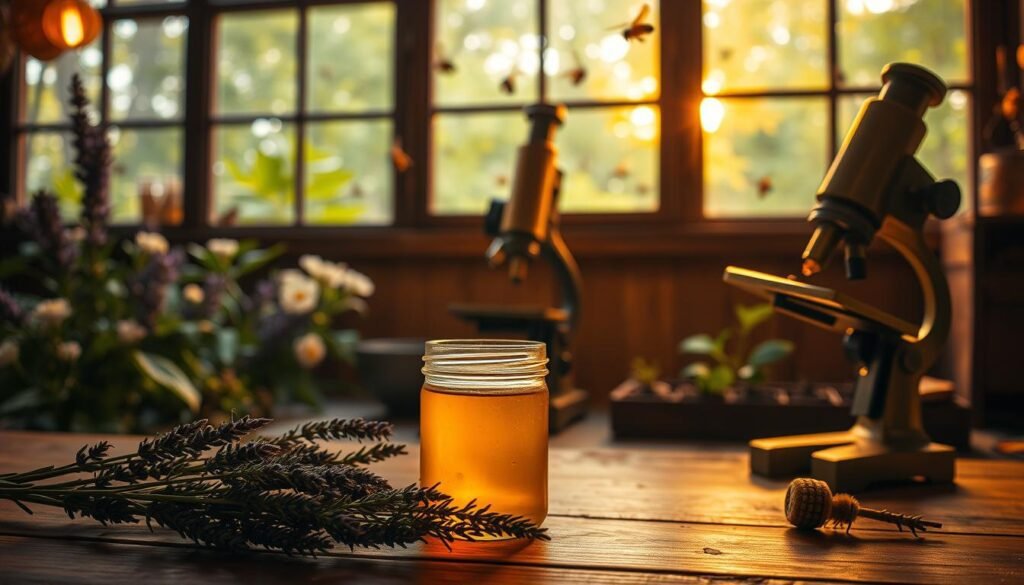 A dimly lit, cozy beekeeping studio with warm, amber lighting. In the foreground, a small glass jar filled with freshly harvested honey, its golden hue glistening. The jar is placed on a wooden table, surrounded by sprigs of lavender, rosemary, and other aromatic herbs. In the middle ground, a vintage brass microscope sits, its lenses catching the soft light, suggesting the scientific study of the hive's secrets. In the background, a large window overlooks a lush, verdant garden, where buzzing honeybees dart among the flowering plants. The atmosphere is one of tranquility and focused exploration, inviting the viewer to immerse themselves in the captivating scent of the beehive.
