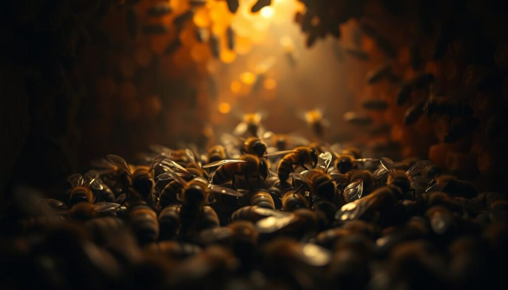 A dimly lit hive interior, illuminated by warm, soft lighting. In the center, a group of undertaker bees meticulously tending to the lifeless bodies of their fallen comrades. Their slender, black-and-yellow bodies move with solemn purpose, gently carrying the deceased to a designated area for proper disposal. The background is a subtle, hazy blend of honeycomb structures and shadowy recesses, creating an atmosphere of reverence and melancholy. The camera angle is positioned at eye-level, allowing the viewer to observe the undertaker bees' dedicated ritual up close, highlighting the importance of their role in maintaining the hive's delicate balance.