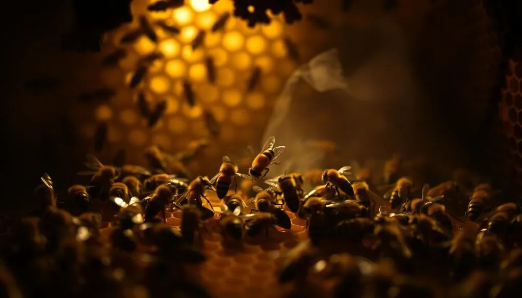 A dimly lit, interior scene of a beehive, illuminated by soft, warm lighting