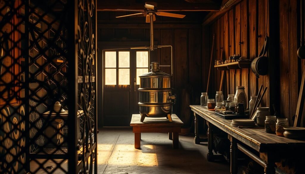 A dimly lit, rustic interior showcasing an array of honey extraction equipment. In the foreground, an intricate metal frame stands prominently, its intricate latticework casting captivating shadows across the scene. In the middle ground, a vintage honey extractor sits atop a worn wooden table, its gleaming stainless steel surface reflecting the warm, amber-hued lighting. In the background, a collection of mason jars and other essential tools are neatly arranged, hinting at the meticulous process of honey harvesting. The overall atmosphere is one of artisanal craft, evoking a sense of timeless tradition and the dedicated care required for producing the finest quality honey.