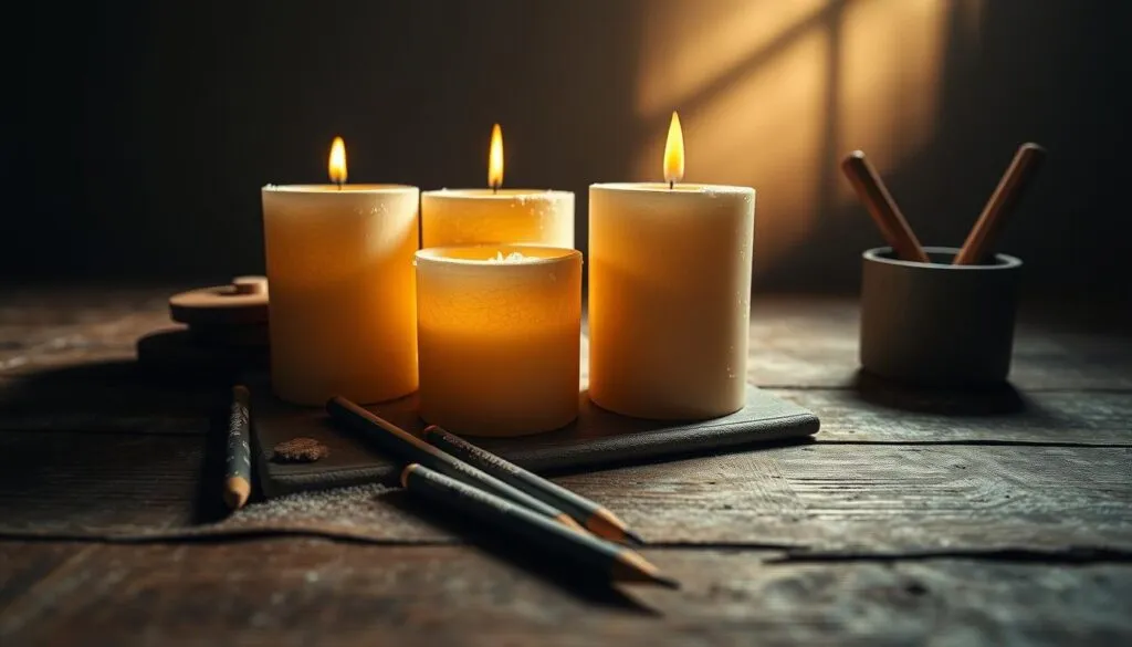 A dimly lit studio setting, with a focal point on a collection of candles and pencils arranged on a rustic wooden surface. The candles display a delicate, frosty-white wax bloom along their surfaces, creating a mesmerizing visual texture. The pencils, also coated in a layer of wax bloom, are positioned to complement the candles, highlighting the shared quality of this natural phenomenon. Soft, warm lighting casts gentle shadows, emphasizing the tactile and atmospheric qualities of the scene. The overall mood is one of quiet contemplation, inviting the viewer to study the intricate patterns and subtle details of the wax bloom formation. A dimly lit studio setting, with a focal point on a collection of candles and pencils arranged on a rustic wooden surface
