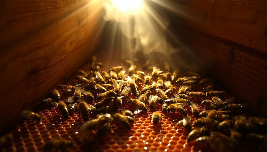 A dimly lit, wooden interior of a beehive. In the foreground, an intricate web of honeycomb structures, glistening with fresh nectar. The air is thick with the subtle, earthy scent of beeswax and the sweet, floral aroma of pollen. Rays of warm, golden light filter through the hive's entrance, casting a soft, ambient glow. In the middle ground, the fuzzy bodies of worker bees bustle about, their wings beating in a hypnotic rhythm. The background is shrouded in a hazy, smoky atmosphere, suggesting the presence of the beekeeper's tools. The overall scene evokes a sense of tranquility and the interconnected, sensory experience of the hive.
