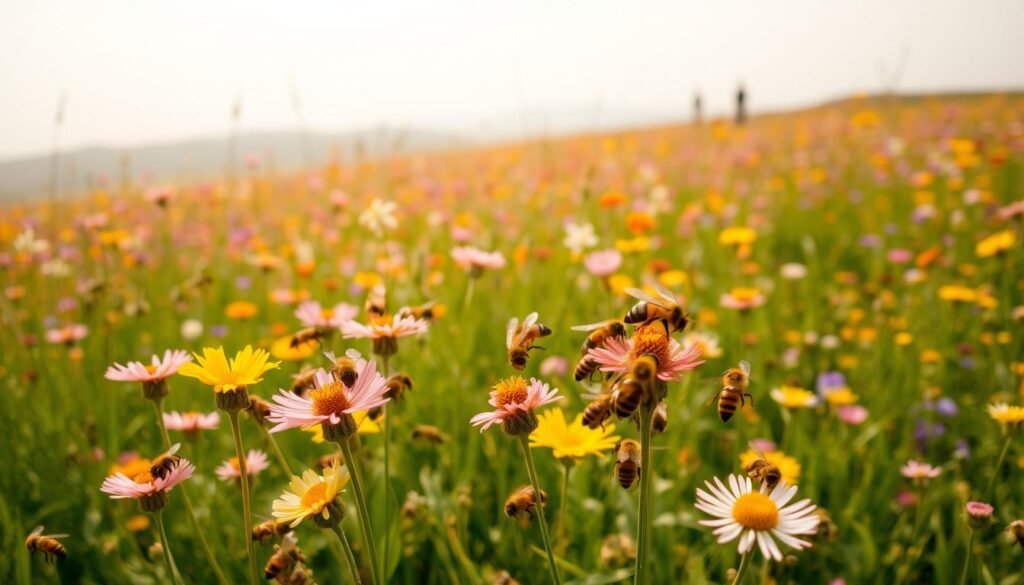 A diverse array of buzzing, nectar-gathering bees in a vibrant, sun-dappled meadow. In the foreground, a cluster of different bee species - honeybees, bumblebees, solitary bees - pollinating a variety of blooming flowers. In the middle ground, a lush, undulating tapestry of wildflowers in shades of pink, yellow, and purple. The background fades into a soft, hazy horizon, emphasizing the importance of this thriving, interconnected ecosystem. Warm, golden natural lighting illuminates the scene, lending a sense of tranquility and wonder. Shot with a wide-angle lens to capture the breadth and richness of this bee-pollinated paradise.