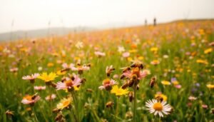 A diverse array of buzzing, nectar-gathering bees in a vibrant, sun-dappled meadow