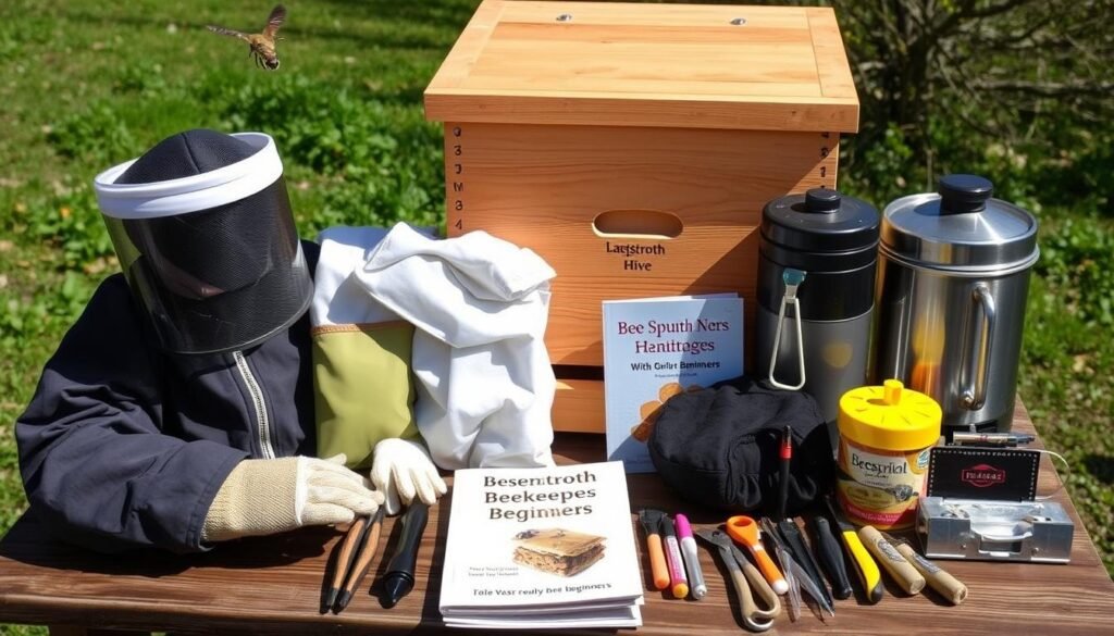A diverse collection of beekeeping equipment with different types of hives suitable for the best bees for beginners