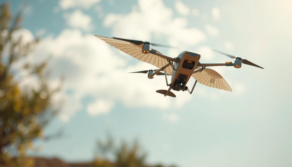 A dynamic aerial dance between two sleek, metallic drones as they engage in a graceful mating flight. The drones, with their intricate mechanical wings outstretched, soar and weave through a vibrant, sun-dappled sky. The scene is captured from a low angle, emphasizing the powerful, yet delicate movements of the drones as they perform their natural courtship ritual. Soft, diffused lighting illuminates the drones' metallic surfaces, creating a sense of ethereal beauty amidst the technical precision of their choreography. The background is a blurred, dreamlike landscape, allowing the viewer to focus solely on the mesmerizing dance of the drones.