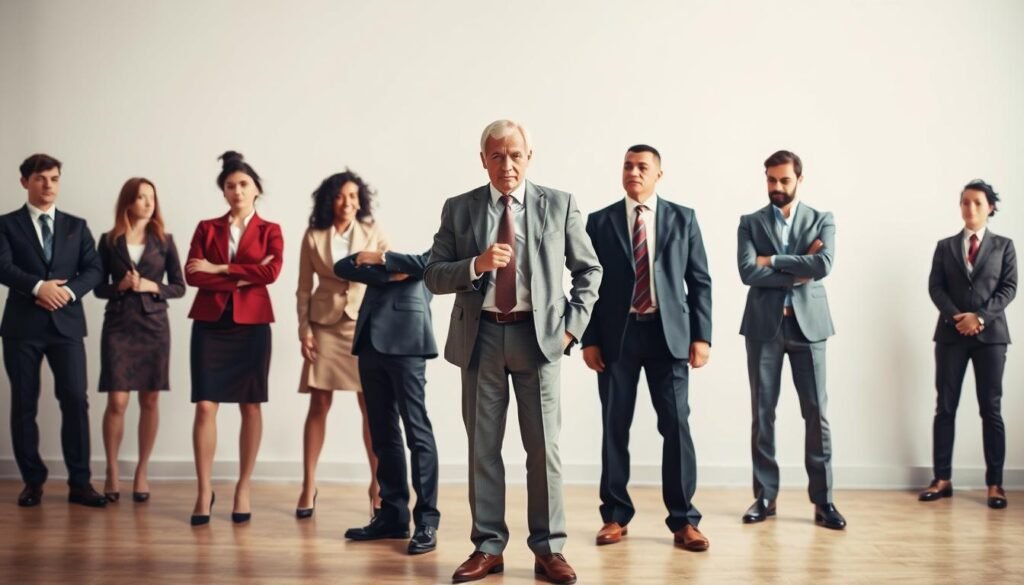 A dynamic group of individuals, each embodying a distinct conflict resolution style, stands in a thoughtfully composed scene. In the foreground, a composed and diplomatic figure represents the "accommodating" approach, while a determined "competing" persona dominates the middle ground. In the background, an introspective "avoiding" character contemplates their stance, while a "collaborating" figure seeks to mediate the tensions. The lighting is natural and diffused, creating a sense of depth and atmosphere, captured through a wide-angle lens to encompass the diverse ensemble. This image aims to visually convey the nuanced range of conflict resolution styles, inviting the viewer to enhance their self-awareness and understanding of these critical interpersonal dynamics.