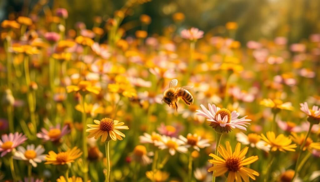 A field of vibrant wildflowers, with a swarm of honey bees diligently pollinating the blooms. The scene is bathed in warm, golden sunlight, casting a natural, ambient glow. The bees move with graceful, focused intent, their fuzzy bodies hovering and darting between the delicate petals. In the foreground, a single bee is captured in sharp focus, its compound eyes and intricate wing structure visible in exquisite detail. The background is slightly blurred, emphasizing the bees' industrious activity. The overall composition conveys a sense of tranquility and the vital role these pollinators play in the ecosystem.