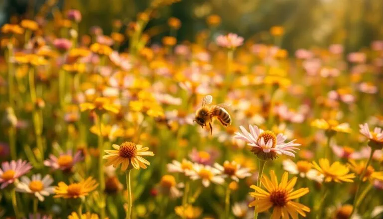 A field of vibrant wildflowers, with a swarm of honey bees diligently pollinating the blooms