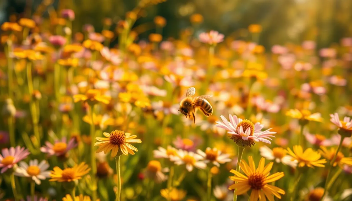 A field of vibrant wildflowers, with a swarm of honey bees diligently pollinating the blooms
