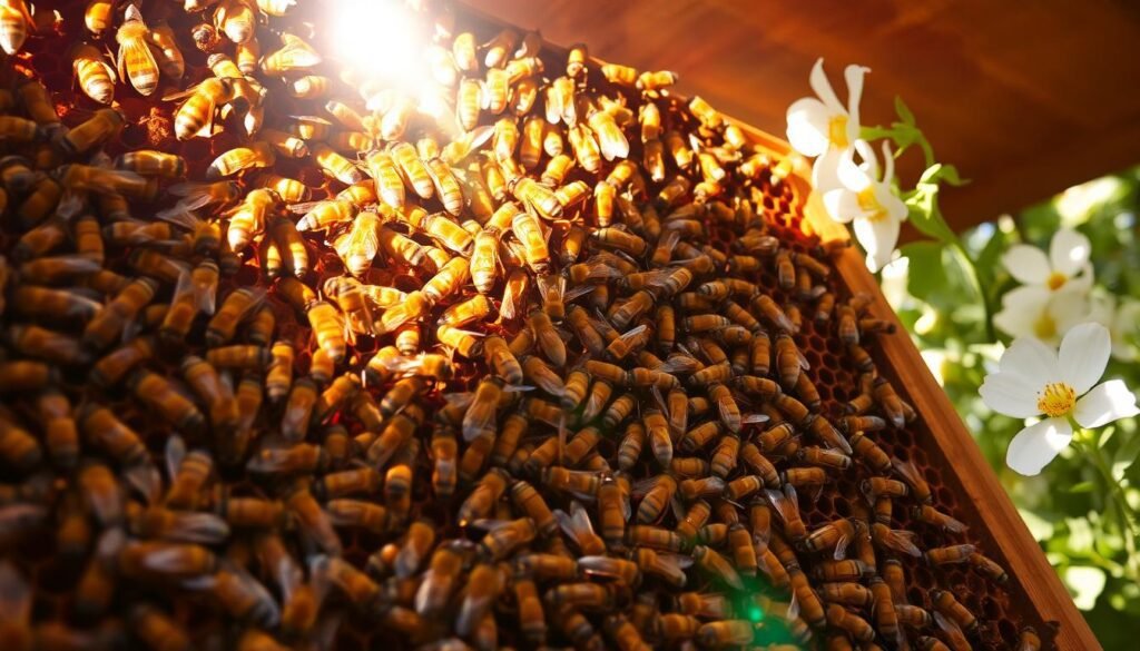 A flourishing bee colony, its hive a bustling hub of activity. In the foreground, worker bees diligently tending to their queen, carrying pollen and nectar, their wings a blur of industrious motion. The middle ground showcases the intricate comb structure, each cell a testament to the colony's strength and organization. Sunlight filters through the hive's entrance, casting a warm glow over the scene, highlighting the bees' golden bodies. In the background, lush, blooming flowers sway gently, providing the nectar that sustains this thriving community. The overall atmosphere conveys a sense of harmony, resilience, and the essential role of a healthy, robust colony in the delicate balance of the ecosystem.