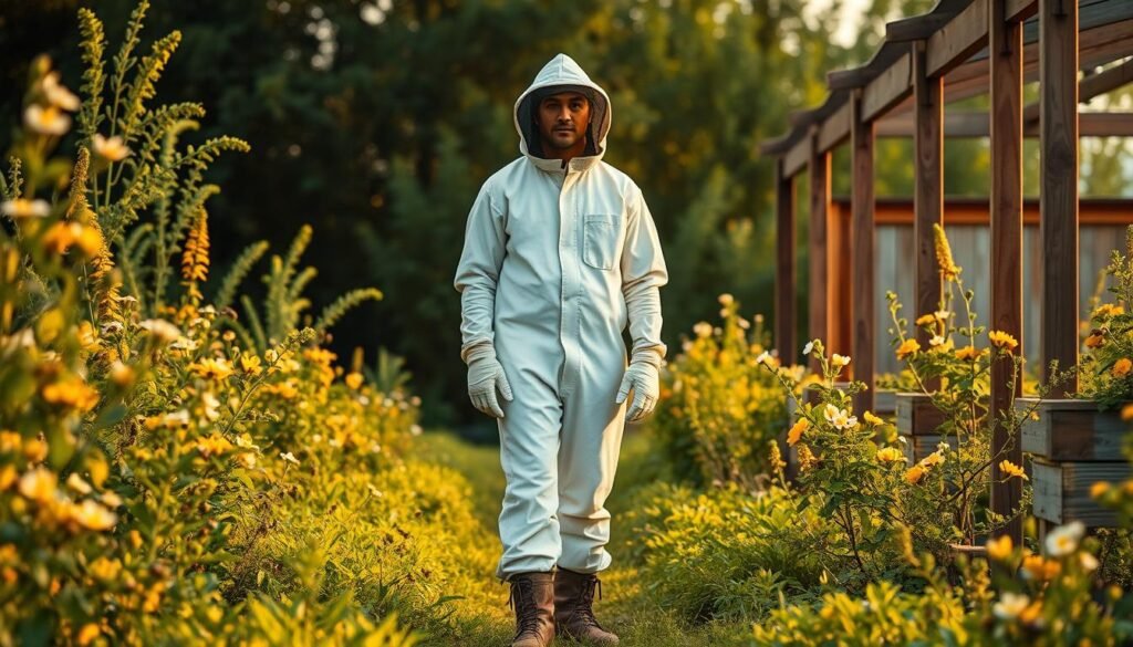A full-body shot of a beekeeper in protective gear, standing in a lush, verdant apiary. The figure is wearing a white, full-body suit with a netted veil, thick gloves, and sturdy boots. The suit is well-fitted and allows for easy movement. Warm, diffused lighting illuminates the scene, casting a soft glow on the beekeeper and the surrounding greenery. The background is filled with flowering plants, buzzing bees, and the wooden structures of the apiary, conveying a sense of harmony between the beekeeper and the natural environment. The overall mood is one of safety, professionalism, and a deep connection to the natural world of beekeeping.