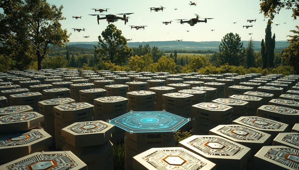 A futuristic apiary filled with drones, sensors, and interconnected hives. In the foreground, sleek hexagonal hives buzz with activity, their surfaces adorned with intricate circuitry. Overhead, a swarm of aerial drones navigates the space, monitoring hive health and collecting data. The middle ground features a holographic display, projecting real-time analytics and environmental conditions. In the background, a verdant landscape unfolds, with towering trees and a clear, azure sky, symbolizing the harmonious integration of technology and nature. Dramatic lighting casts long shadows, creating a sense of depth and emphasizing the modern, high-tech aesthetic. The scene conveys a vision of sustainable, data-driven beekeeping that adapts to the challenges of the 21st century. A futuristic apiary filled with drones, sensors, and interconnected hives. In the foreground, sleek hexagonal hives buzz with activity, their surfaces adorned with intricate circuitry. Overhead, a swarm of aerial drones navigates the space, monitoring hive health and collecting data. The middle ground features a holographic display, projecting real-time analytics and environmental conditions. In the background, a verdant landscape unfolds, with towering trees and a clear, azure sky, symbolizing the harmonious integration of technology and nature. Dramatic lighting casts long shadows, creating a sense of depth and emphasizing the modern, high-tech aesthetic. The scene conveys a vision of sustainable, data-driven beekeeping that adapts to the challenges of the 21st century.
