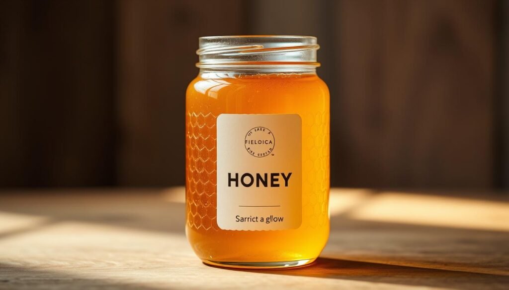 A glass jar filled with golden honey sits atop a wooden surface, casting a warm, inviting glow. The jar's label features a minimalist design, hinting at the premium quality of the contents within. The background is blurred, drawing the viewer's attention to the jar's textured surface and the honey's viscous, enticing appearance. Soft, directional lighting from the side accentuates the jar's curves and the honey's alluring sheen, evoking a sense of artisanal craftsmanship and psychological appeal. The overall composition and styling suggest a high-end, specialty honey product, primed to captivate and convert discerning consumers.