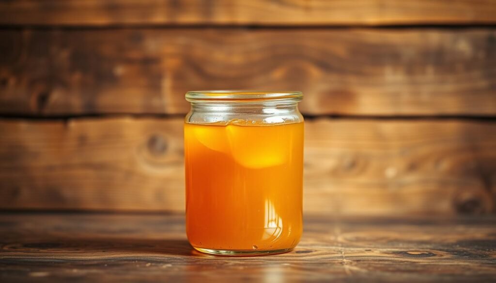 A glass jar filled with thick, golden honey, glistening under warm, diffused lighting. The jar's surface reflects the honey's viscous texture, creating a sense of depth and dimension. In the background, a backdrop of weathered wooden planks suggests a rustic, artisanal setting, complementing the natural, organic nature of the honey. The composition emphasizes the honey's purity and quality, inviting the viewer to imagine its sweet, floral aroma and the care taken in its production. The overall mood is one of simplicity, craftsmanship, and the wonders of nature's bounty.