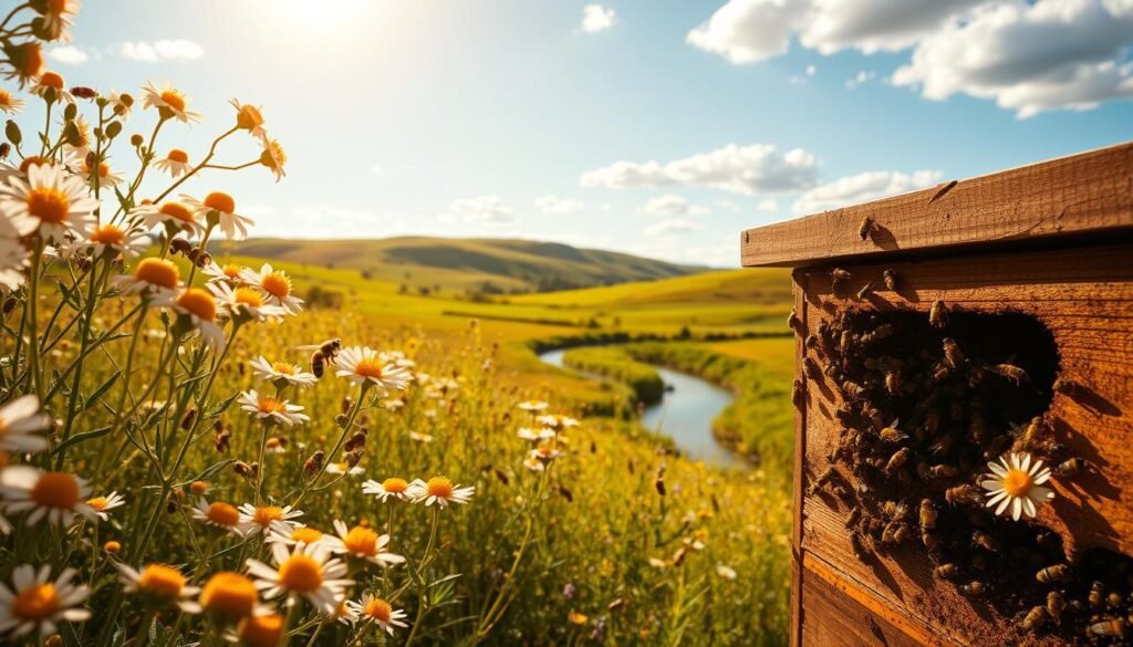 A golden, sunlit meadow filled with blossoming wildflowers, their petals bursting with nectar. In the foreground, a close-up view of a thriving beehive, its entrance abuzz with industrious pollinators flitting from blossom to blossom. The middle ground reveals a lush, verdant landscape, with rolling hills and a meandering creek glimmering in the warm, afternoon light. The background features a clear, azure sky, dotted with fluffy white clouds. The scene evokes a sense of harmony, as the bees and flowers work in tandem, harnessing the power of nature's nectar flow.