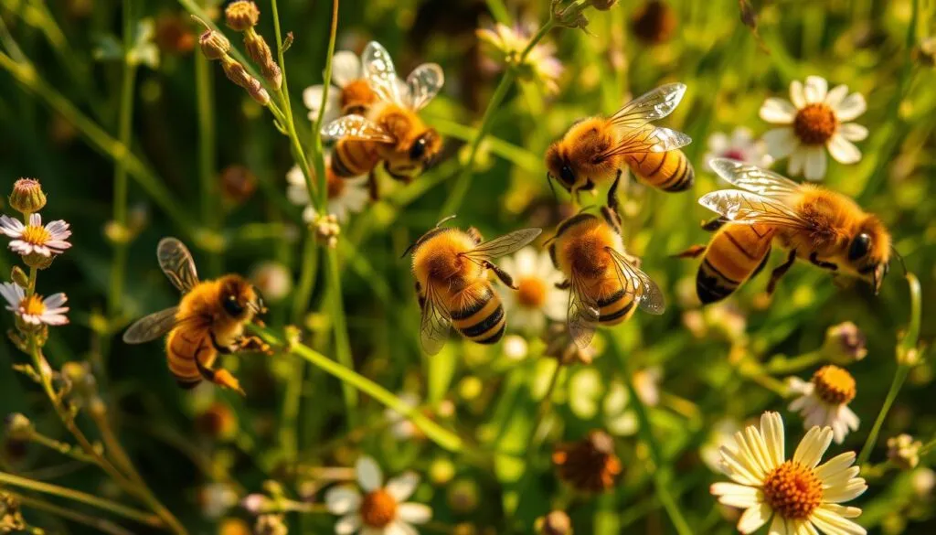 A group of forager honey bees, seen from an overhead macro perspective, gathering nectar and pollen from a diverse array of flowering plants in a lush, sun-dappled meadow. Their fuzzy bodies and translucent wings are captured in sharp focus, set against a softly blurred background of swaying grasses, wildflowers, and warm, golden-hour lighting. The foragers move with purposeful energy, their abdomens laden with the fruits of their labors, reflecting the complex interplay between their gut microbiome and chemical signaling that guides their behavior within the hive.