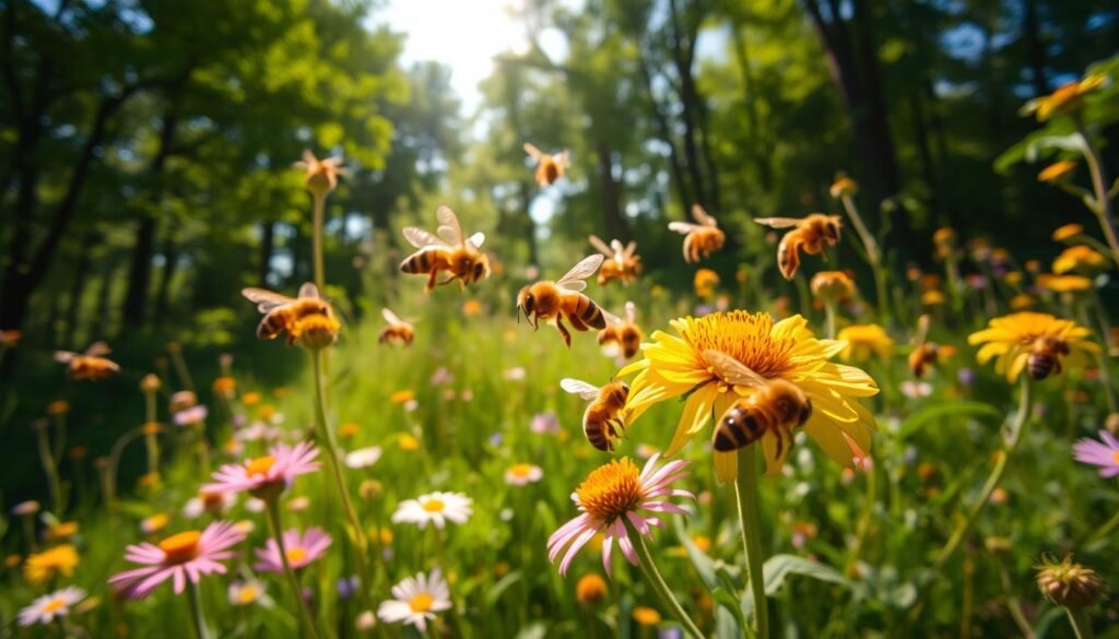 A group of foragers, honeybees in their natural habitat, collecting nectar and pollen from vibrant wildflowers in a sun-dappled meadow. The bees hover gracefully, their fuzzy bodies and iridescent wings catching the warm, golden light. In the background, a verdant forest canopy frames the scene, creating a sense of depth and tranquility. The overall mood is one of harmony and industrious activity, reflecting the circadian rhythms and daily routines of these industrious pollinators. Captured with a wide-angle lens to emphasize the naturalistic, immersive setting.