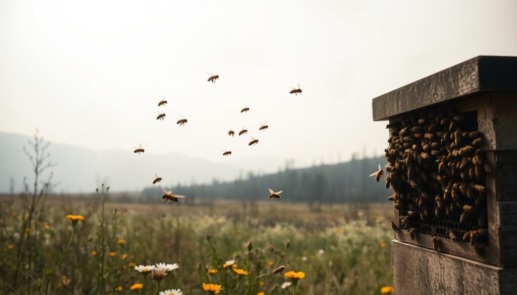A hazy, smoke-filled sky casts an eerie glow over a bustling honeybee colony. In the foreground, a cluster of worker bees hover cautiously around the hive entrance, their wings beating against the thick, particulate-laden air. The middle ground reveals a sparse, wildflower-dotted meadow where bees dart between blooms, their foraging time disrupted by the diminished visibility. In the background, a charred, blackened landscape serves as a sobering reminder of the devastating impact of wildfires on the delicate ecosystem. Soft, diffused lighting illuminates the scene, creating an atmospheric, melancholic mood that encapsulates the challenges faced by honeybees in the aftermath of a wildfire.