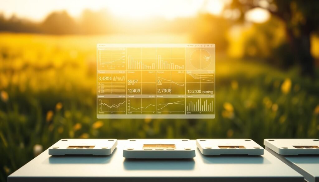 A high-contrast, scientific illustration showcasing an array of wireless hive scales displaying real-time weight data. The foreground features a precise, technical rendering of the scales, with clean lines and a minimalist design. The midground depicts a grid of weight graphs and charts, visualizing the nectar flow over time. The background is a softly blurred landscape of a lush, green meadow, hinting at the natural context of the beehive monitoring system. Warm, directional lighting casts subtle shadows, adding depth and dimensionality. The overall aesthetic is clean, informative, and evocative of the careful monitoring of the honeybee ecosystem.