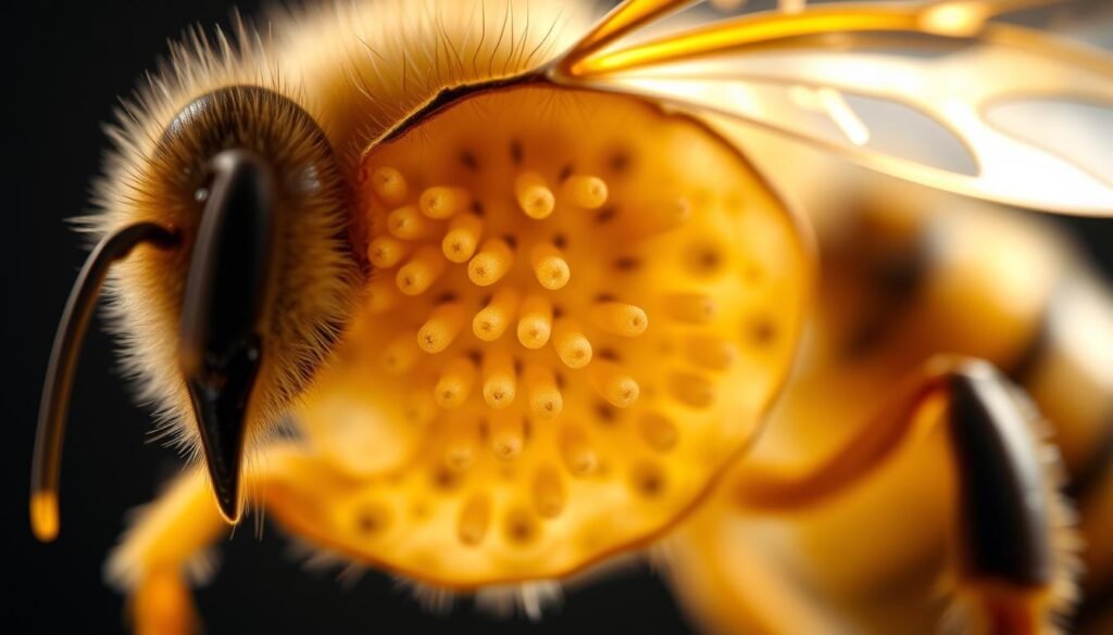 A high-magnification cross-section of a queen bee's spermatheca, the specialized storage organ where she keeps the sperm she has collected from mating flights. The scene is bathed in soft, diffused lighting, revealing the intricate network of tubules and chambers where the sperm cells are meticulously stored. The background is blurred, keeping the focus on the delicate, organic structure at the center. The composition emphasizes the scientific and biological nature of the subject, conveying a sense of wonder at the remarkable reproductive adaptations of these industrious pollinators.