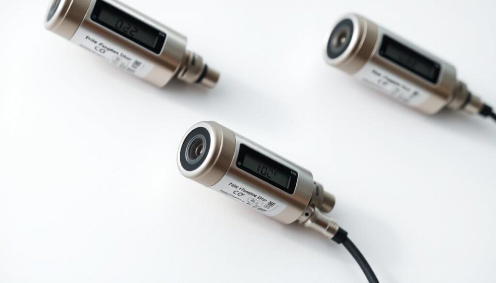A high-quality, close-up image of several modern CO2 sensors mounted on a white background. The sensors are sleek, cylindrical devices with a digital display and various ports and connectors. The lighting is soft and even, casting gentle shadows that highlight the contours and textures of the sensors. The focus is sharp, allowing for clear visibility of the sensors' intricate details and the materials used in their construction, such as metal, plastic, and glass. The overall mood is one of precision, clarity, and scientific instrumentation.