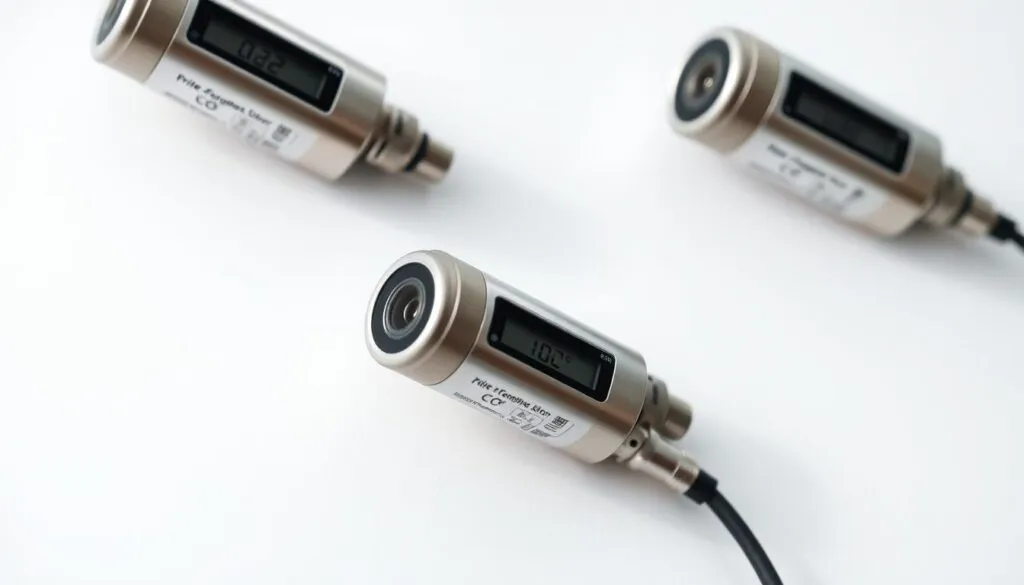 A high-quality, close-up image of several modern CO2 sensors mounted on a white background