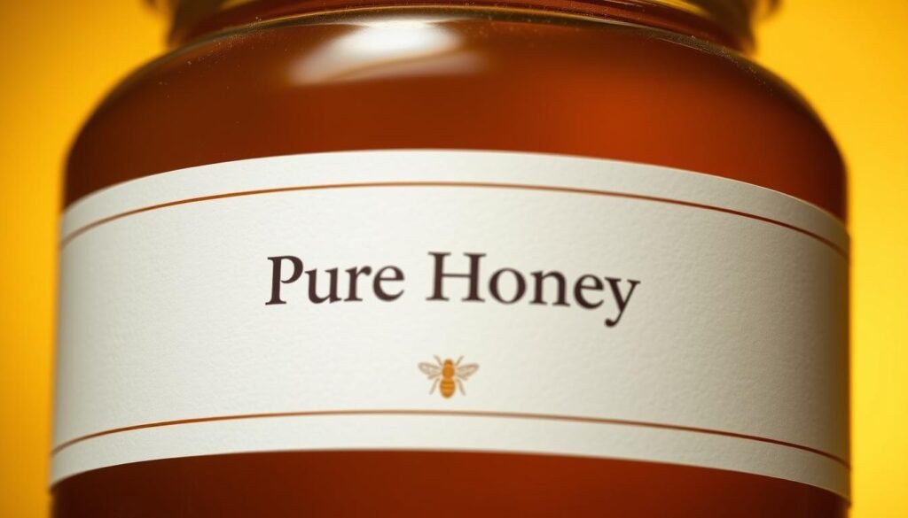 A high-quality, photo-realistic label for a jar of pure honey, featuring a minimalist and elegant design. The label is made of high-quality, textured paper with a subtle sheen, set against a warm, golden background that evokes the natural sweetness of the honey. The label prominently displays the words "Pure Honey" in a clean, modern typeface, with a small illustration of a bee or a honeycomb as a simple but impactful visual element. The label has a matte finish, with a slight texture that suggests the artisanal nature of the product. The overall impression is one of quality, authenticity, and purity, perfectly suited for an article on detecting honey adulteration.