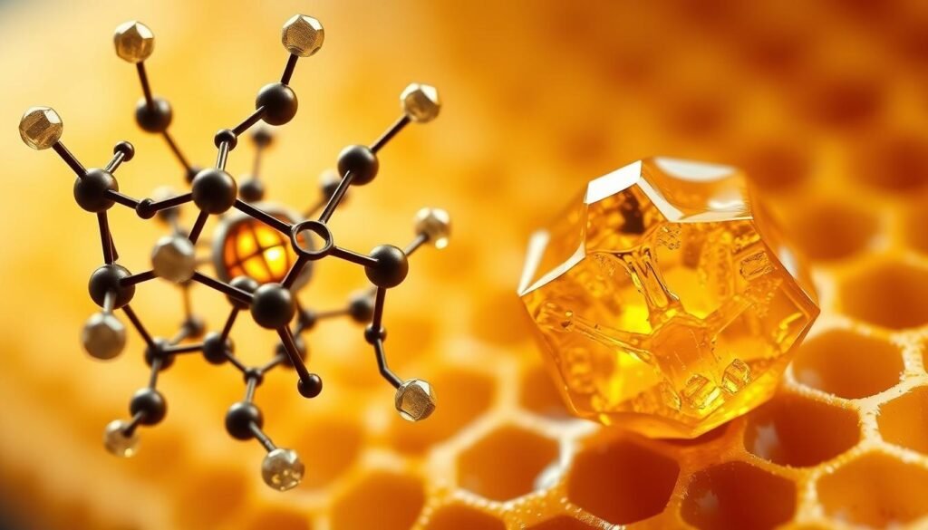 A high-resolution close-up of the intricate chemical structure of beeswax, showcasing its unique bioactive compounds. The foreground features a detailed, three-dimensional molecular model of the main wax esters, revealing their complex carbon chains and functional groups. The middle ground presents a magnified view of the wax's crystalline structure, with light reflecting off the faceted surfaces. The background blends a soft, warm-toned gradient, evoking the natural hues of the honeycomb. Captured with a shallow depth of field and dramatic studio lighting, this image emphasizes the beauty and scientific elegance of beeswax's chemical composition.