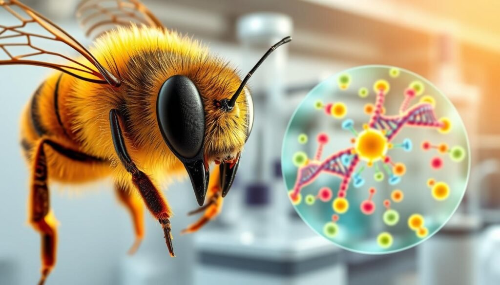 A high-resolution, detailed illustration of RNA technology being applied to a honey bee. In the foreground, a honey bee is shown in profile, its compound eyes shimmering with an intricate network of RNA strands. The mid-ground depicts a microscopic view of the bee's cells, with colorful RNA molecules interacting with the genetic material. In the background, a laboratory setup is visible, with scientific instruments and glassware, suggesting the research and development process behind this innovative RNA-based treatment for bee diseases. The lighting is crisp and natural, capturing the delicate features of the bee and the clinical precision of the lab environment. The overall mood is one of scientific discovery and the promise of new, effective solutions for supporting bee health.