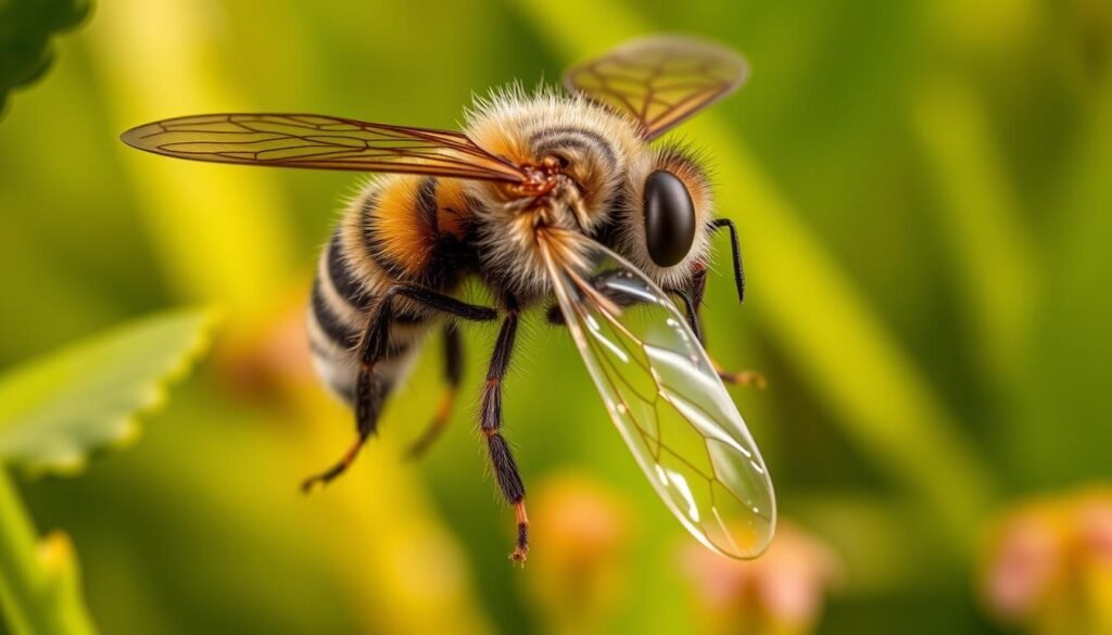 A high-resolution macro photograph of a bee transitioning into a fly, captured at the precise 5-6°C temperature range. The bee's fuzzy abdomen and wings are mid-metamorphosis, partially transformed into the sleeker, more streamlined fly form. The image is in sharp focus, with a shallow depth of field that isolates the subject against a softly blurred natural background of lush green foliage. Warm, diffused lighting casts gentle shadows, highlighting the intricate textures and details of this remarkable biological process. The overall mood is one of scientific curiosity and the awe-inspiring adaptability of nature.