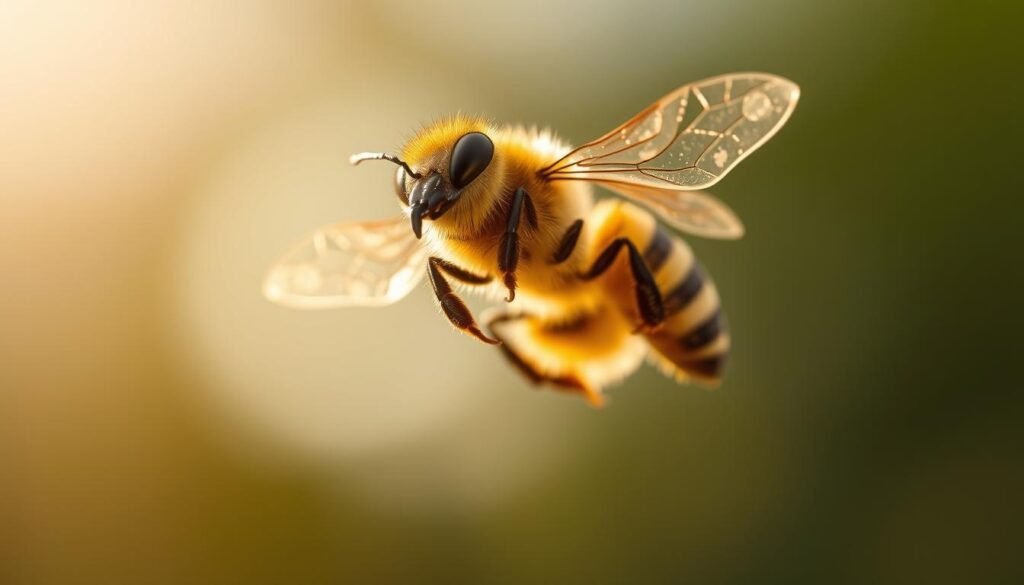 A high-resolution, photo-realistic image of a honey bee in flight, captured in sharp focus against a blurred, natural background. The bee is hovering mid-air, its delicate wings beating rapidly, with distinct veins and translucent membranes. The bee's fuzzy abdomen and thorax are vibrant shades of yellow and black, and its compound eyes glisten with intricate detail. The lighting is soft and diffuse, creating a warm, golden glow that enhances the bee's organic textures. The depth of field is shallow, drawing the viewer's attention to the intricate structure and movement of the bee. The overall composition is balanced and visually striking, conveying the importance of the honey bee as a key pollinator.