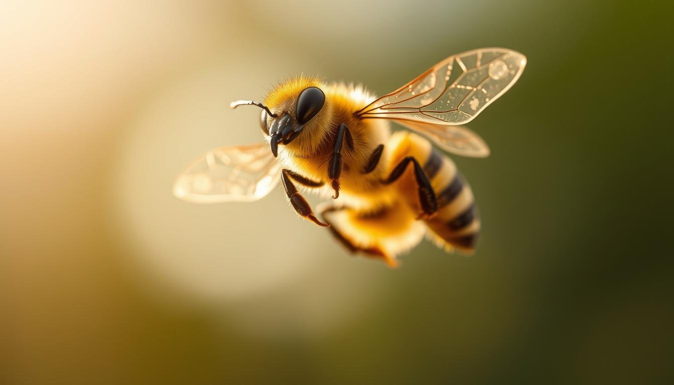 A high-resolution, photo-realistic image of a honey bee in flight, captured in sharp focus against a blurred, natural