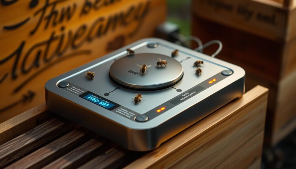 A high-tech beehive scale system, its intricate web of interconnected sensors capturing the pulse of the hive. Sleek, modern design with a polished metal housing and minimalist LED indicators. Precisely engineered to seamlessly integrate with the natural rhythms of the colony, monitoring nectar flow and activity levels with unwavering accuracy. The scale's low-profile form blends seamlessly into the apiary, its discreet presence belying the sophisticated data it collects. Warm lighting casts a soft glow, illuminating the elegant industrial aesthetic. From every angle, the scale exudes an aura of reliable, cutting-edge technology - a vital tool for the discerning beekeeper seeking to optimize their hive's productivity.