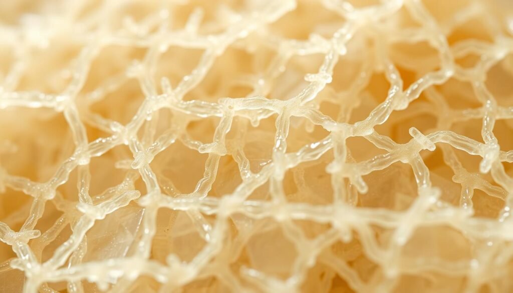 A highly detailed and realistic macro photography shot of microcrystalline wax crystals forming intricate, interlocking structures. Captured in natural daylight with a shallow depth of field, the delicate, translucent wax formations appear to gently overlap and intertwine, creating a visually captivating pattern. The soft, warm tones and subtle shadows convey the material's waxy, semi-transparent quality. The image focuses on the intricate microstructural details, allowing the viewer to appreciate the complex and elegant crystalline arrangements that characterize this specialized petroleum-derived wax.