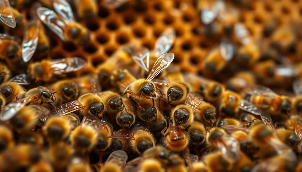 A hive of honey bees, their compound eyes shimmering under the soft, warm light of the honeycomb interior