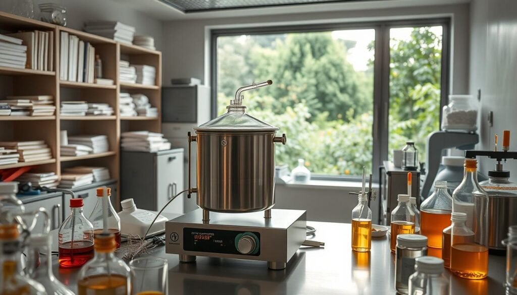 A laboratory interior with an array of scientific instruments and equipment. In the foreground, a temperature-controlled extraction vessel sits atop a precision heating platform, its digital display showing the critical extraction yield temperature. Surrounding the vessel, various beakers, pipettes, and other tools used in the honey processing workflow. Soft, diffused lighting casts a warm, analytical glow over the scene, creating an atmosphere of careful attention to quality, safety, and efficiency. The background features shelves of reference materials and a large window offering a view of a lush, verdant apiary outside, symbolizing the connection between laboratory and field.