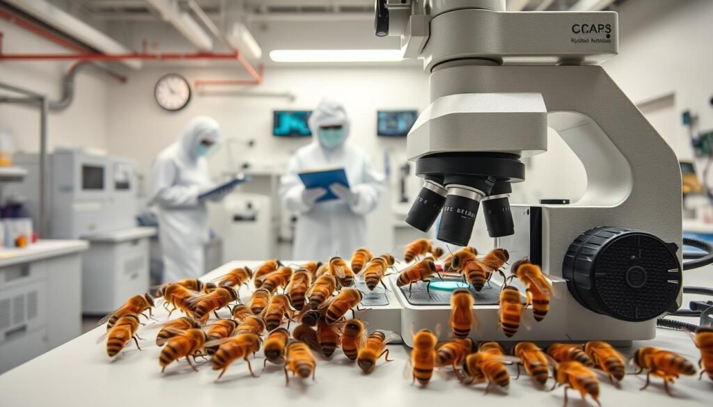 A laboratory setting with a sterile, well-lit workspace. In the foreground, a group of worker bees diligently inspecting a product under a high-powered microscope, their compound eyes and delicate antennae meticulously analyzing the device. In the middle ground, a team of apiarists in white lab coats and protective gear, carefully documenting their findings on clipboards. The background features an array of scientific equipment, including ultrasonic sensors, data displays, and calibration tools, all working in harmony to create an atmosphere of rigorous product testing. The lighting is bright and even, casting sharp shadows and highlighting the bees' intricate structures. The overall scene conveys a sense of professionalism, attention to detail, and a commitment to thorough, standardized evaluation procedures.