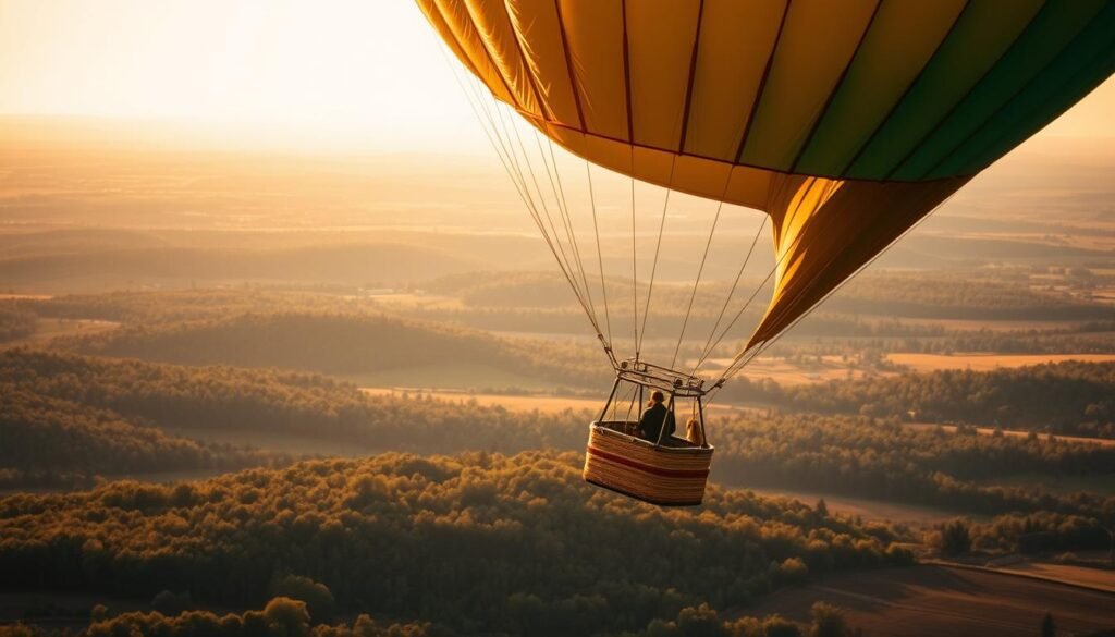 A large, colorful helium-filled balloon, its shimmering metallic surface reflecting the warm afternoon sunlight. The balloon's basket is attached securely, ready to transport a lone figure on a high-altitude journey. In the background, a sprawling countryside stretches out, with rolling hills and dense forests, creating a serene and tranquil atmosphere. The image is captured with a wide-angle lens, giving a sense of scale and grandeur to the scene. The lighting is soft and diffused, creating a dreamlike quality, as if the balloon is about to drift off into the horizon, leaving the viewer to ponder the possibilities of aerial exploration.