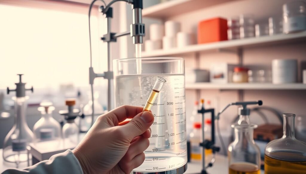 A large glass apparatus filled with a clear liquid, surrounded by various scientific instruments and glassware. The setup is bathed in a soft, warm lighting, creating a serene, scientific atmosphere. In the foreground, a hand holds a pipette, carefully extracting a sample from the extraction vessel. The background features shelves with additional equipment and containers, suggesting a well-equipped laboratory dedicated to the precise extraction of medicinal-grade propolis. The overall scene conveys the care and attention to detail required for this specialized process.