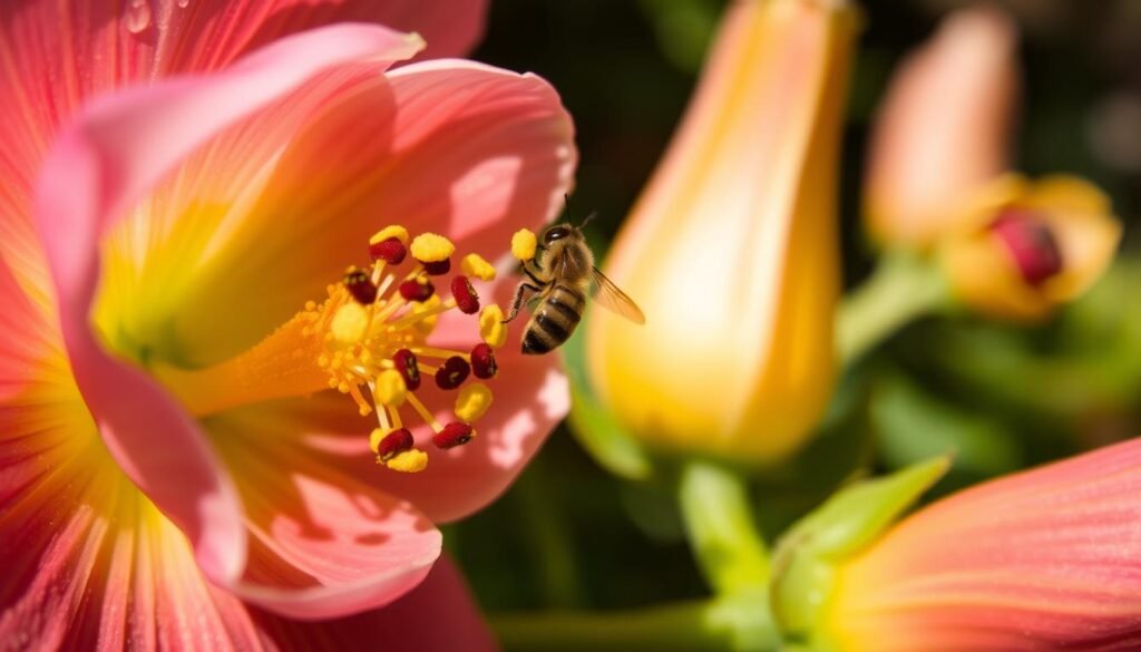 A lush, botanical close-up showcasing the pollination process. In the foreground, a delicate flower blossom opens, its vibrant petals framing a stamen dusted with fine, golden pollen grains. The middle ground reveals a pollinator, such as a bee or butterfly, gently transferring the pollen from the flower to the receptive stigma. In the background, the progression of pollination is evident as the flower transforms into a developing fruit, its shape and color changing over time. Soft, natural lighting bathes the scene, highlighting the intricate details and textures of the botanical elements. Captured with a macro lens to emphasize the intimate scale of this natural wonder, the image conveys the beauty and importance of the pollination cycle.