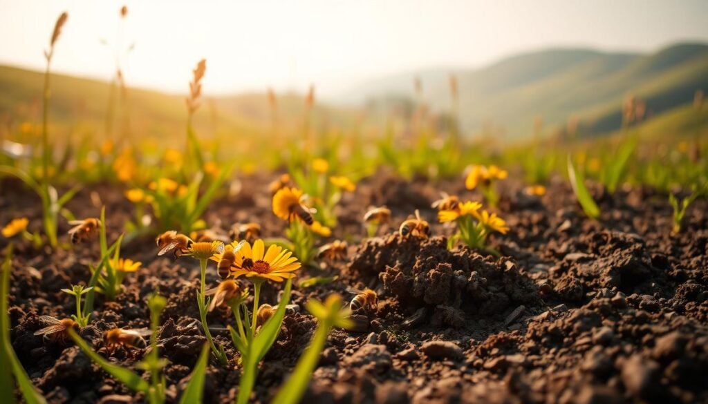 A lush, carbon-rich meadow teeming with buzzing honey bees, their intricate wings catching the warm afternoon sunlight. In the foreground, a cluster of busy bees pollinating vibrant wildflowers, their industrious movements captured in a shallow depth of field. The middle ground reveals a rich, dark soil, its surface dotted with decomposing plant matter and the tunnels of industrious burrowing insects. In the background, verdant hills rise up, hazy and ethereal, suggesting the interconnectedness of this delicate ecosystem. The scene conveys a sense of balance and vitality, highlighting the vital role bees play in maintaining the carbon balance of healthy soils.